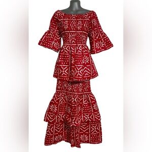 Red & White Tribal African Print 2 Piece Peplum Smoking Top and Skirt Layer New
